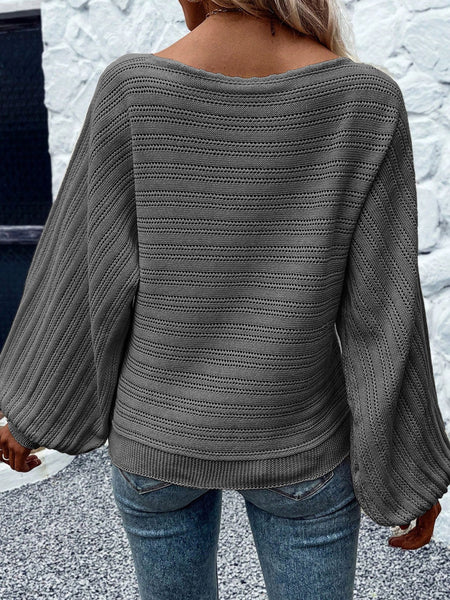 Elegant Dark Grey Eyelet Textured Knit Sweater with Lantern Sleeves