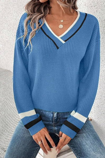 Cozy Women's Blue Striped V-Neck Sweater with Drop Shoulders - Chic Casual Style for Effortless Everyday Fashion