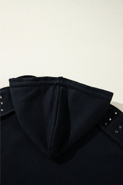 Chic Women's Black Raglan Hoodie with Pocket - Trendy Rivet-Studded Comfortable Casual Wear for Everyday Style