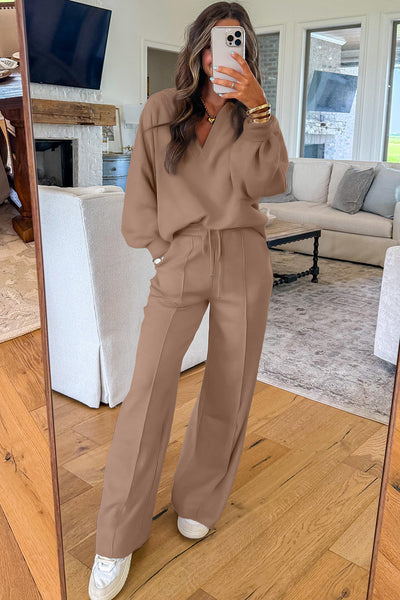Women's Dark Khaki V-Neck Polo Collar Pullover & Drawstring Sweatpants Set - Casual Comfort for Everyday Wear