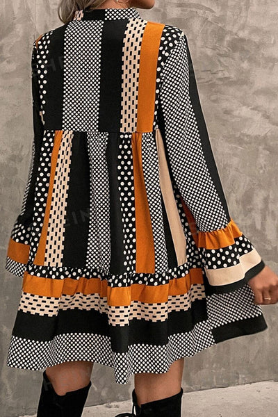 Chic Women's Black Striped Polka Dot Mini Dress with Ruffled Hem and V-Neck for Trendy Summer Style