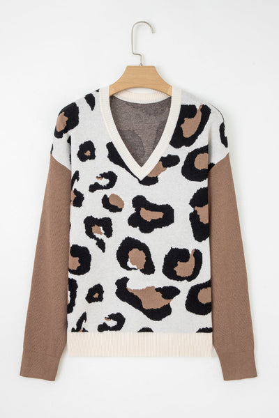 Cozy Women's Leopard Print Patchwork Sweater - Stylish Fall Layering Essential in Warm Tones