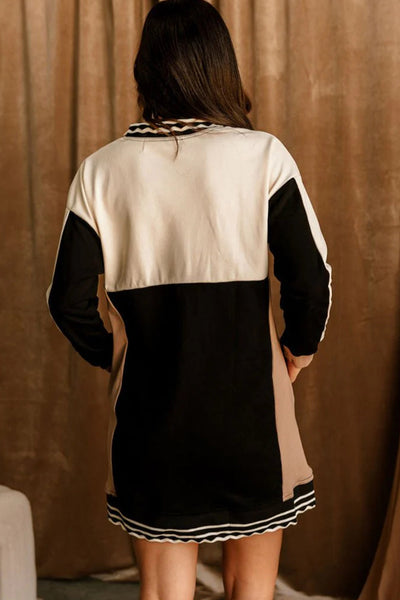 Women's Stylish Black Color Block Long Sleeve Mini Dress with Quarter Zip Comfy Fit for Casual Outings and Events