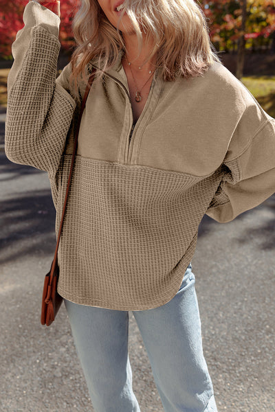 Women's Cozy Parchment Waffle Knit Half-Zip Sweatshirt - Stylish Patchwork Design for Effortless Casual Chic
