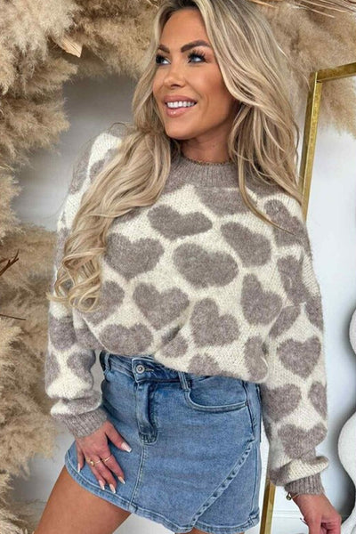 Valentine's Heart Pattern Oversized Mock Neck Sweater for Women - Cozy Knit Casual Chic in Soft Pink