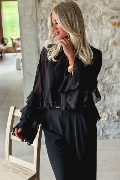 Stylish Women's Black Cropped Blouse with Ruffled Trim and Bell Sleeves for Effortless Casual Looks