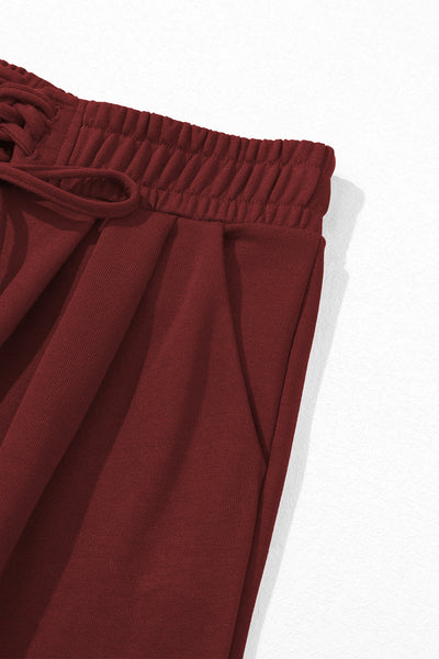 Women's Burgundy Wide-Leg Pleated Sweatpants with Corset Waist