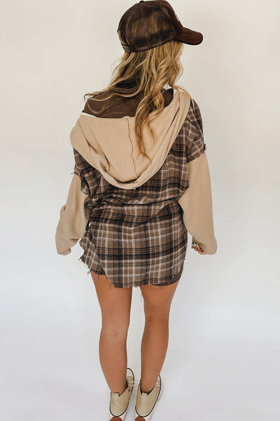Trendy Women's Khaki Plaid Hooded Shacket with Frayed Edges - Stylish Layering Essential for Effortless Casual Looks