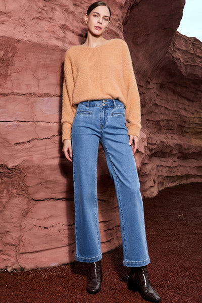 Women's Light Blue High Rise Straight Leg Jeans with Double Button