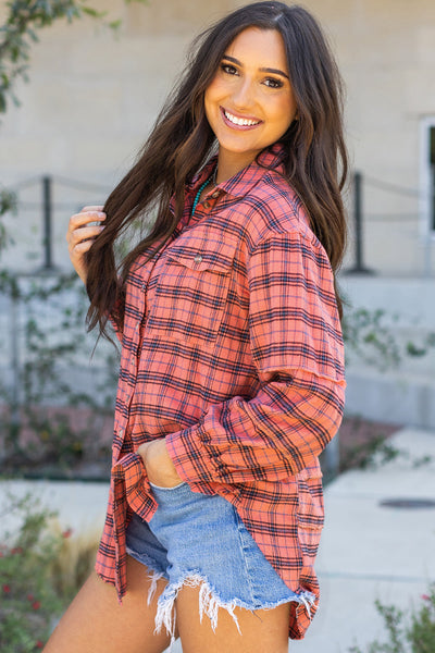 Trendy Women's Red Plaid Long Sleeve Shirt with Side Split and Distressed Hem for Casual Chic Style