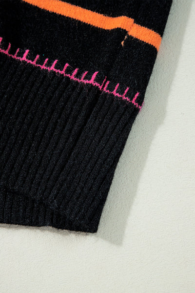 Cozy Women's Black Ribbed Sweater with Colorful Trim Stylish Striped Design for Casual Outings and Everyday Comfort