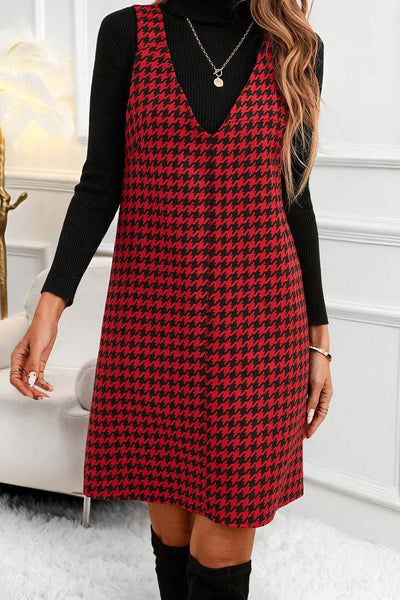 Women's Red Houndstooth V-Neck Shift Mini Dress