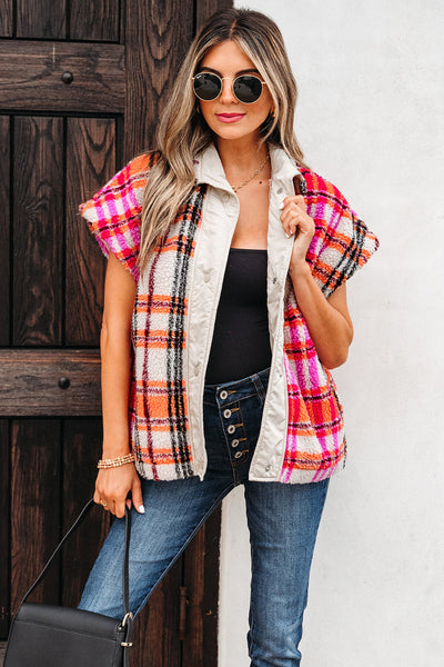 Women's Plaid Sherpa Short Sleeve Vest in Pink and Orange