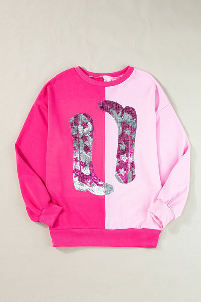 Trendy Women's Pink Color Block Sequined Cowgirl Sweatshirt - Casual Chic Style for Ultimate Comfort and Fashion
