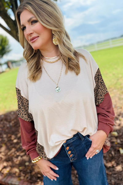 Women's Loose Long Sleeve Top in Red Sandalwood Color Block with Leopard Patchwork Design - Stylish & Comfortable