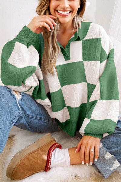 Women's Relaxed Fit Mist Green Checkered Polo Sweater with Classic Collar for Effortless Style and Comfort