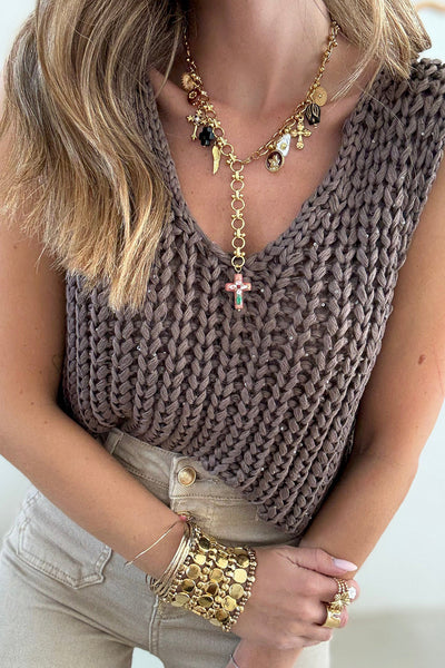 Beige Women's Cozy Chunky Cable Knit V-Neck Sweater Vest with Sequin Accents for Effortless Style