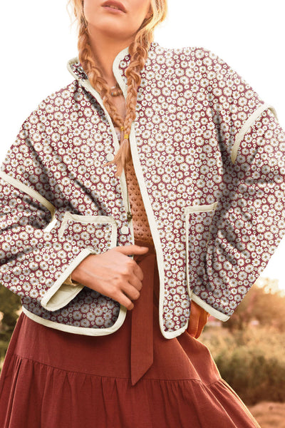 Women's Pink Floral Print Jacket with Contrast Edges, Stand Neck, and Pockets - Stylish & Functional Outerwear