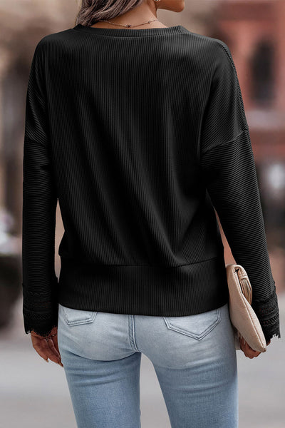 Women's Black Ribbed V-Neck Long Sleeve Top with Lace Trim Chic & Comfortable Everyday Essential for Stylish Looks