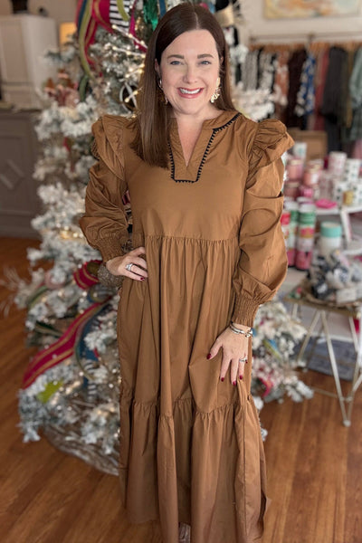 Plus Size Women's Light Beige Maxi Dress with Ruffle Trim, Ricrac Detail, and Long Sleeve V-Neck for Effortless Elegance