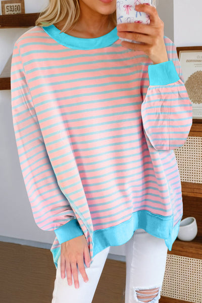 Women's Stylish Pink Stripe High-Low Pullover Tunic Sweatshirt with Contrast Trim for Comfortable Everyday Wear