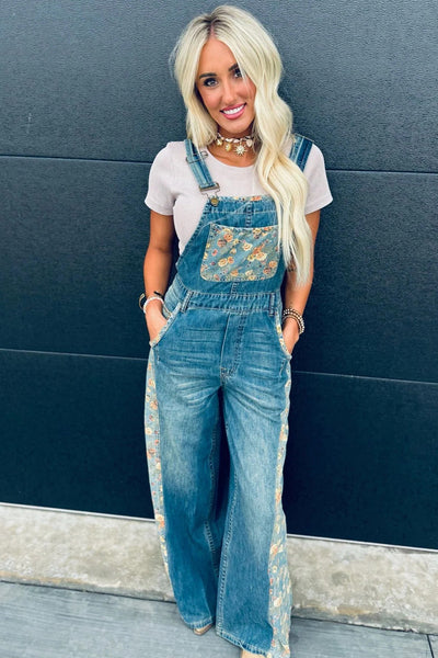stylish women's peacock blue floral patchwork wide leg denim overalls - comfortable fashion for casual outings made for easy styling and wardrobe with