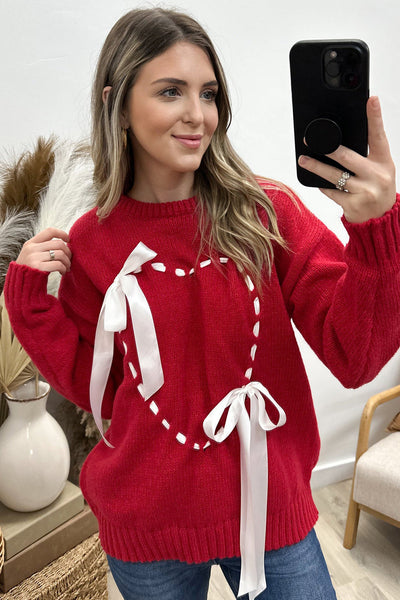 Women's Cozy Racing Red Bow Knot Heart Stitch Drop Shoulder Sweater - Stylish Casual Top for Everyday Wear