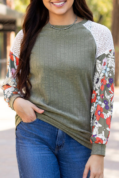 Stylish Women's Laurel Green Floral Patchwork Long Sleeve Blouse - Ribbed, Comfortable Fit for Effortless Everyday Chic