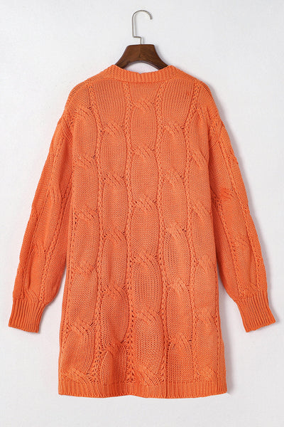 Classic Cable Knit Open-Front Cardigan with Ribbed Trim