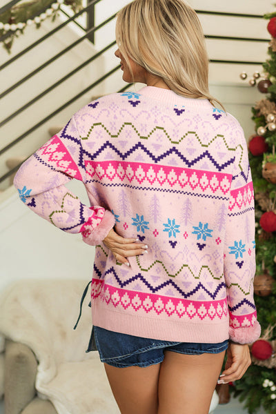 Cozy Women's Multicolor Ethnic Christmas Sweater with Feather Cuffs - Perfect for Stylish Holiday Festivities