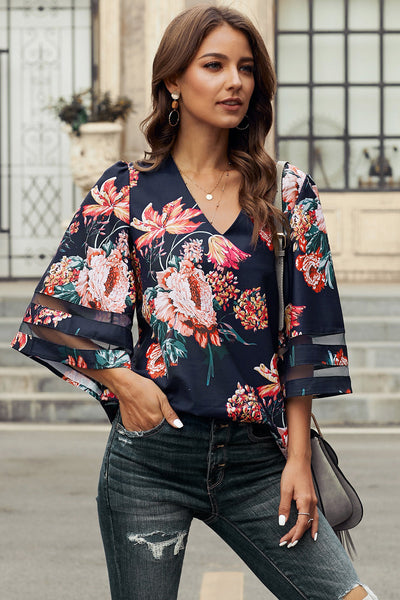 Long Sleeve Flower Print Lapel Shirt