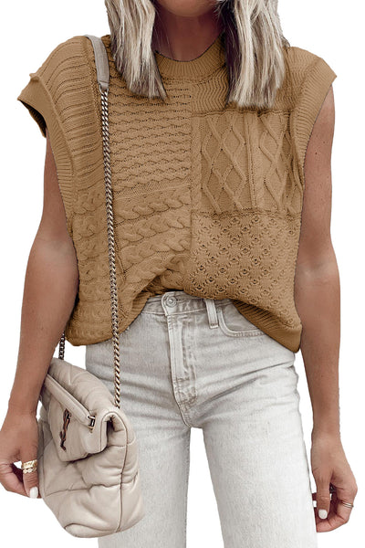 Stylish Women's Smoke Gray Cable Knit Sweater Tank - Comfortable Dolman Armhole Sleeveless Top for Versatile Occasions
