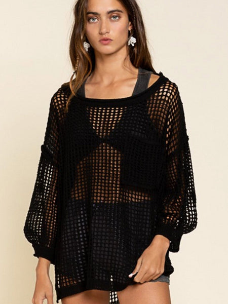 Sexy Black Crochet Fishnet Long Sleeve Beach Cover-Up
