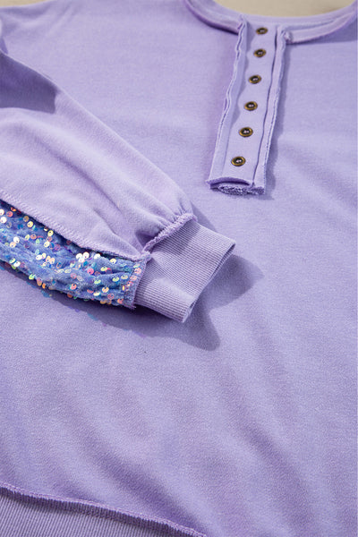 Women's Trendy Lilac Sequin Patchwork High Low Henley Sweatshirt - Stylish and Comfortable Pullover for Effortless Chic