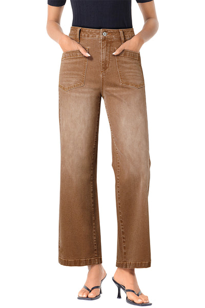 Stylish Brown Minimalist Women's Shift Jeans with Functional Patch Pockets for Effortless Comfort and Versatile Fashion