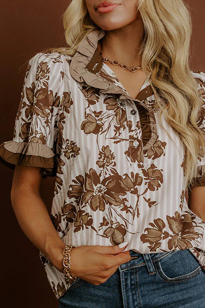 Women's Brown Floral and Striped Frill Blouse with Color Block Trim with practical styling and dependable silhouette control.