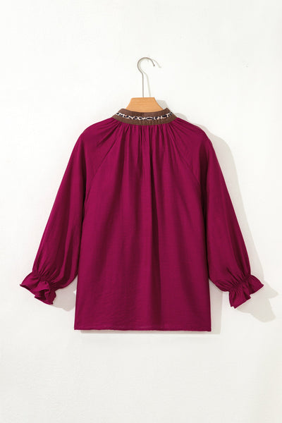 Women's Violet V-Neck Blouse with Leopard Trim and Flounced Sleeves with practical styling and dependable silhouette control.