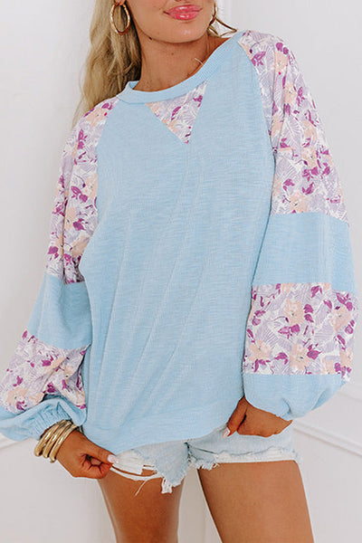 Women's Stylish Women's Beau Blue Floral Patchwork Balloon Sleeve Blouse - Chic Textured Top for Effortless Casual Looks