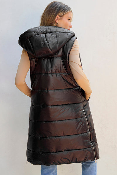 Stylish Women's Black Hooded Quilted Vest Coat - Warm Fall & Winter Layering Essential for Chic Casual Looks