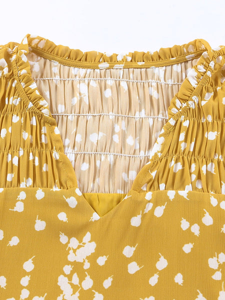 Yellow Floral V-Neck Crinkled Blouse for Early Fall
