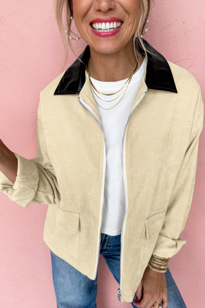 Stylish Women's Black Leather Collar Jacket - Fitted Fall Layering Essential with Chic Design and Comfort