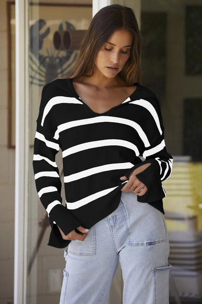 Women's Striped V-Neck Viscose Blend Slit Sleeve Sweater