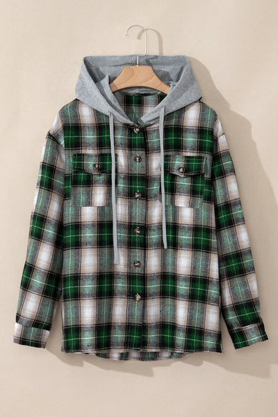 Women's Stylish Green Plaid Hooded Shacket with Chest Pocket - Perfect Casual Layer for Fall and Winter Fashion