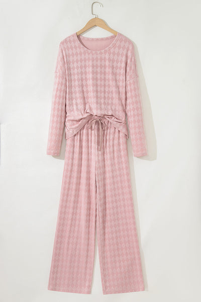 Chic Light Pink Knit Lounge Set for Women - Cozy Long Sleeve Top & Pocketed Drawstring Pants with Stylish Rhombus Design