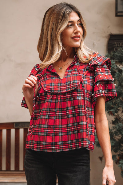 women's pearl-embellished red plaid ruffle sleeve blouse made for easy styling and wardrobe coordination, with premium-like structure and finish. with
