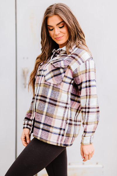 Trendy Women's Oversized Pink Geometric Plaid Shacket with Pockets Perfect for Casual Chic Outfits