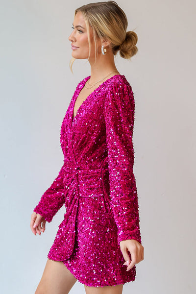 Women's Chic Pitaya Pink Velvet Sequin Long Sleeve V-Neck Mini Dress for Women Elegant Party Wear with Wrap Design made for easy styling and wardrobe