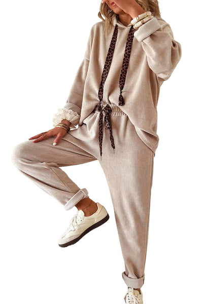 Women's Parchment Lace & Leopard Print Hoodie with Drawstring and High Waist Corduroy Pants Set for Stylish Comfort