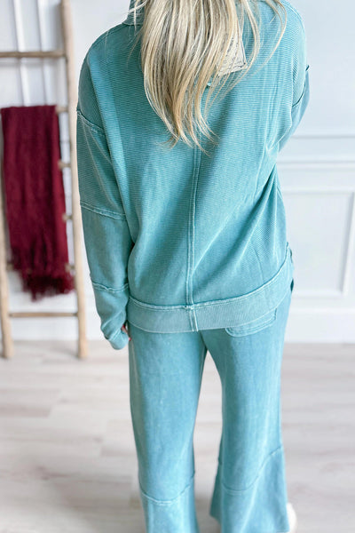 Women's Soft Blue Lapis Mineral Wash V-Neck Pullover & Drawstring Pants Set - Casual Ribbed Patchwork Outfit