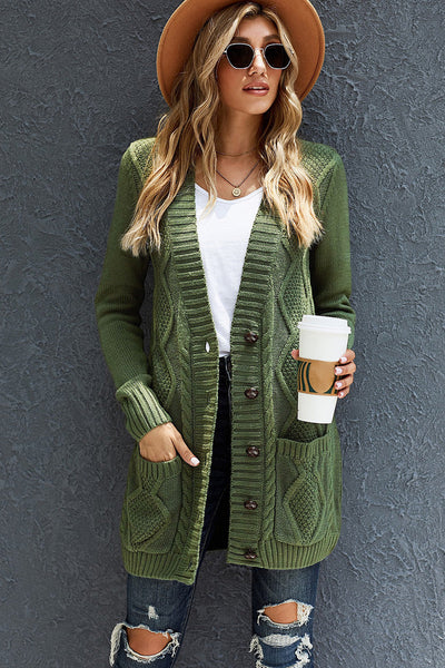 Cozy Women's Green Cardigan with Button Closure and Pockets  Stylish Layering Essential for Every Occasion